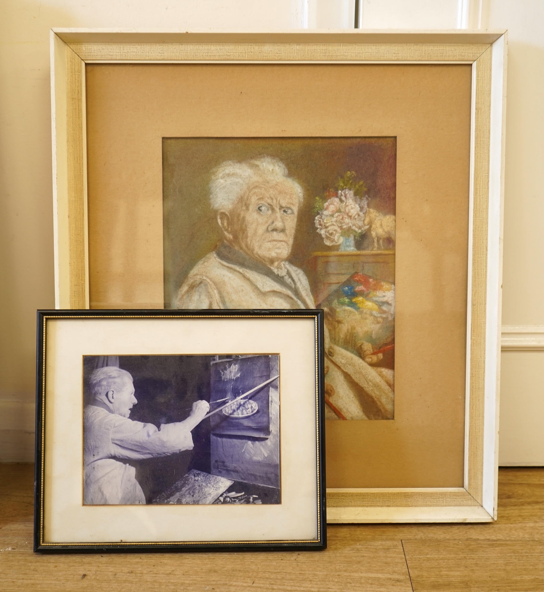 Richard Crossley (20th. C), Portrait of Arthur Spooner, ‘Remember that', signed and dated March 1962, Museum and Art Gallery of Nottingham inscribed label verso, pastel, together with photograph of the sitter at work, 30